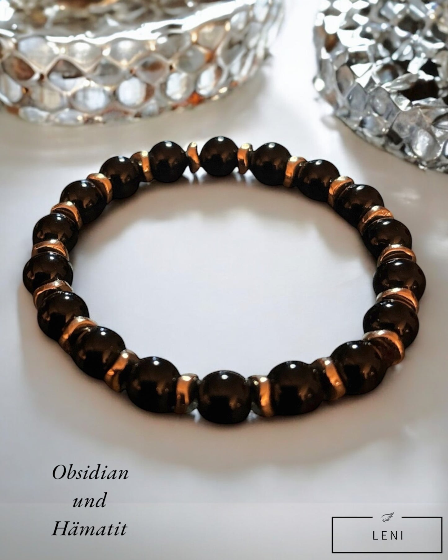 Edelstein Obsidian Armband mit goldenen Hämatit Rondellen