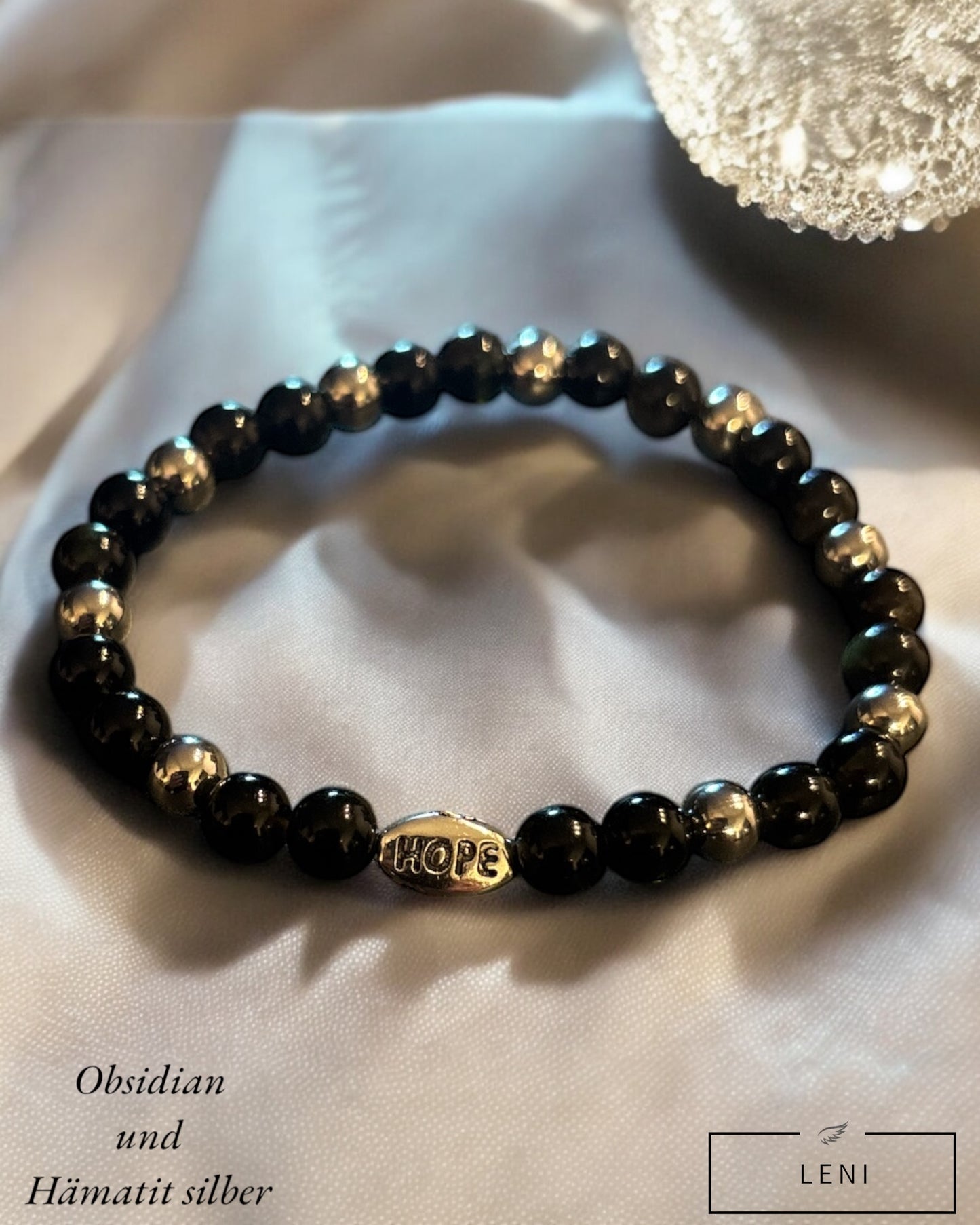 Edelstein Obsidian / Hämatit Armband mit „Hope“ goldfarben