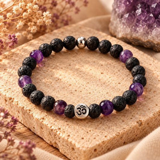 Armband Lavastein & Amethyst mit OM- Symbol