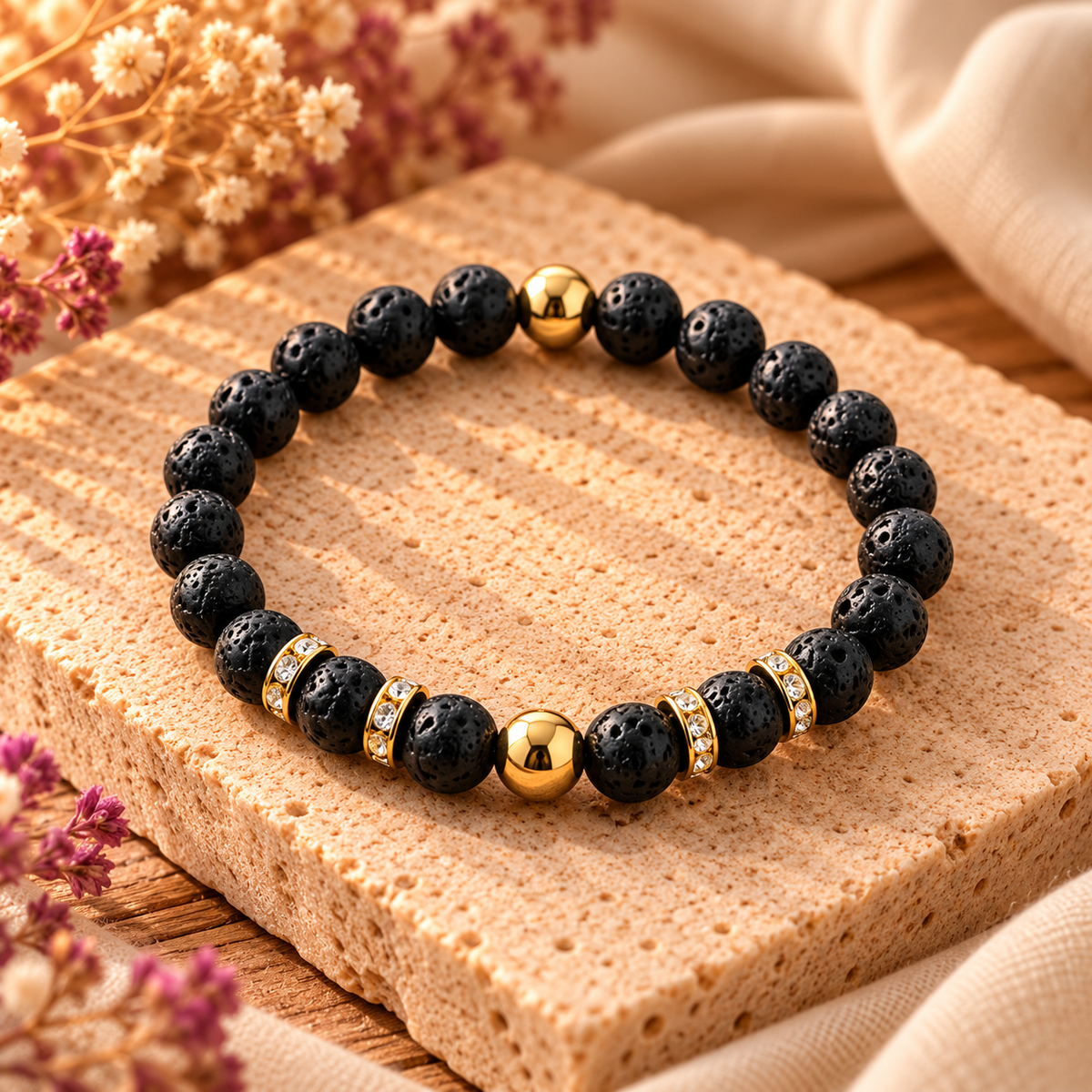 Armband Lavastein mit goldfarbenen Hämatitkugeln & funkelnden Strassrondellen