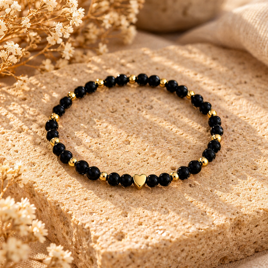 Armband Obsidian mit goldfarbenem Hämatit & Herz