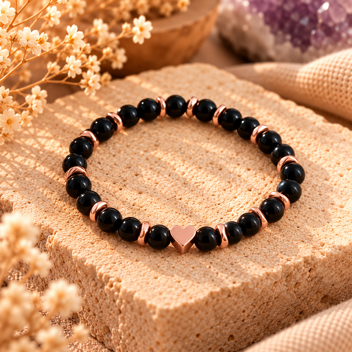 Armband Goldschwarzer Obsidian mit Roségoldenen Hämatit und Herz
