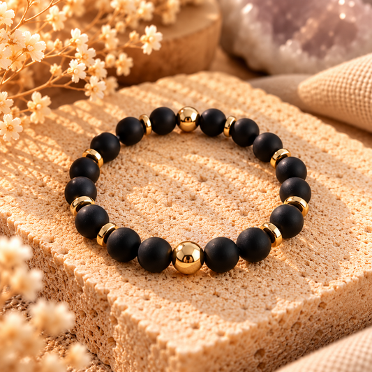 Armband Obsidian matt, mit goldfarbenem Hämatit