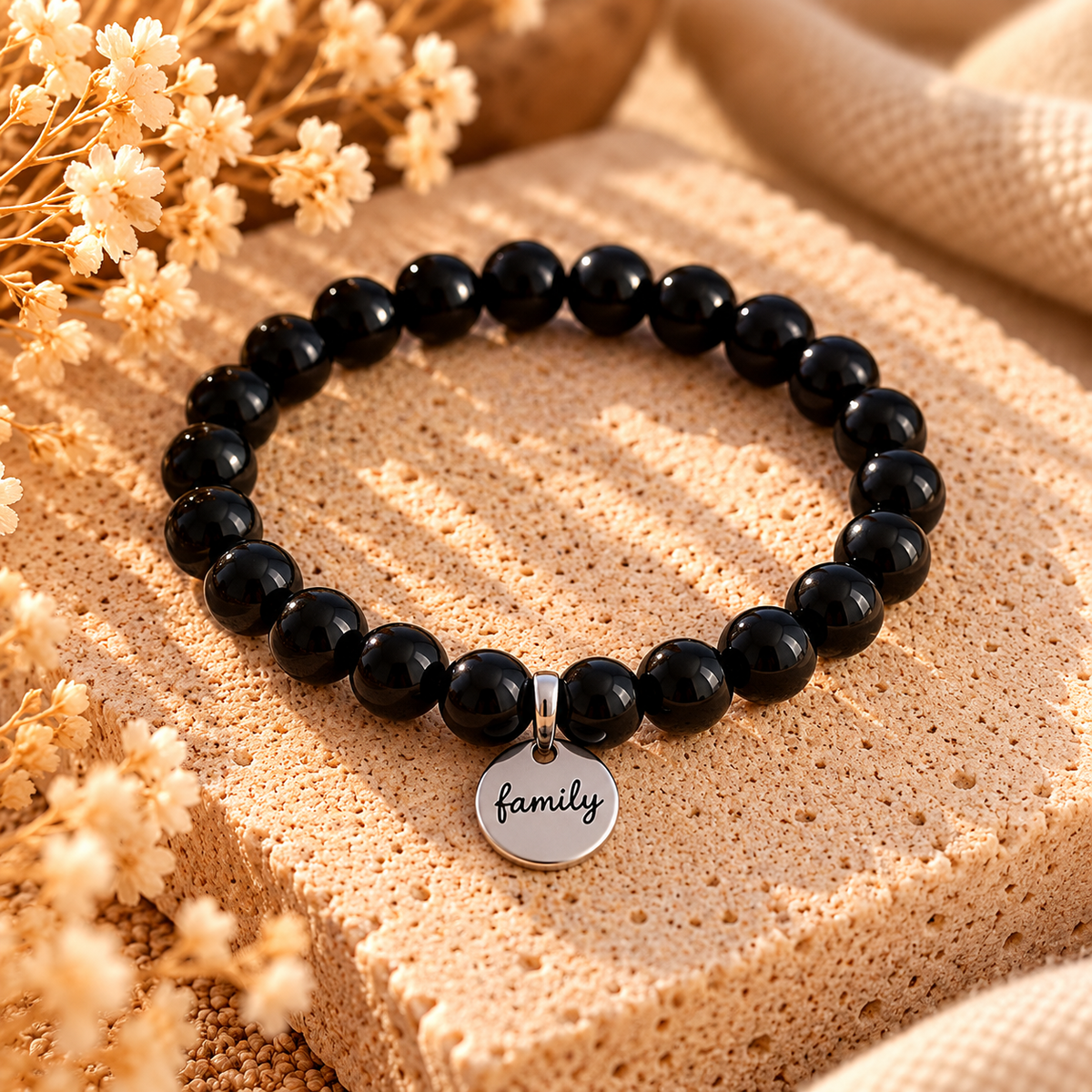 Armband Obsidian mit „Family“-Anhänger