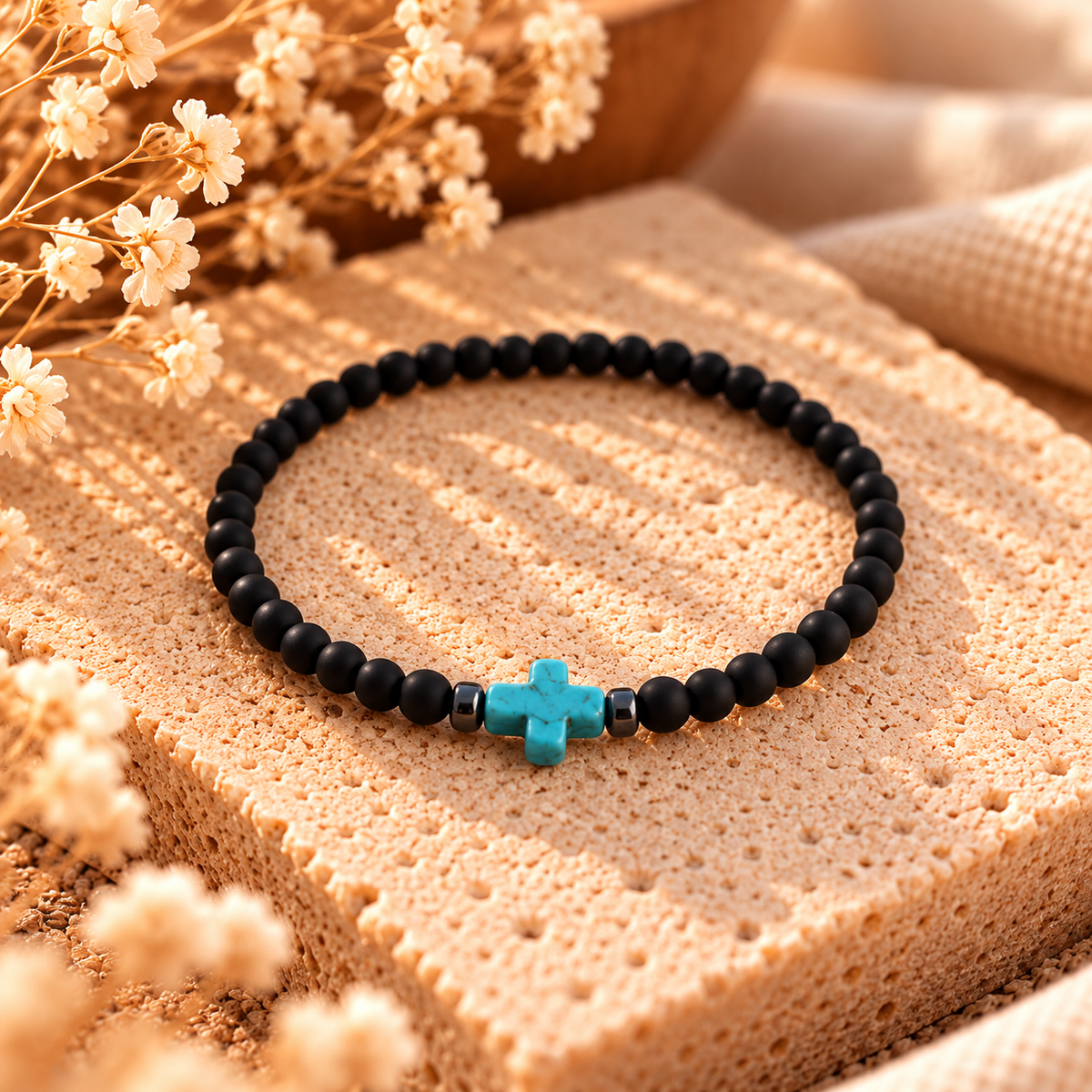 Armband Obsidian matt, mit türkisfarbenem Kreuz