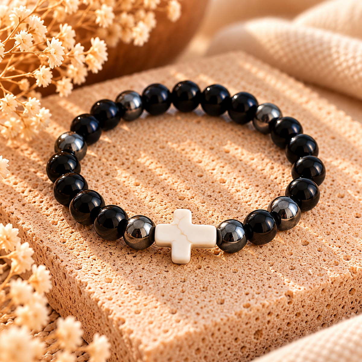 Armband Onyx mit Hämatit & weißem Kreuz