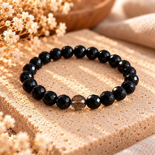 Armband Onyx facettiert mit Rauchquarz Perle