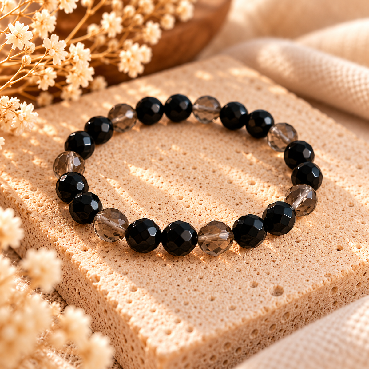 Armband Onyx & Rauchquarz facettiert