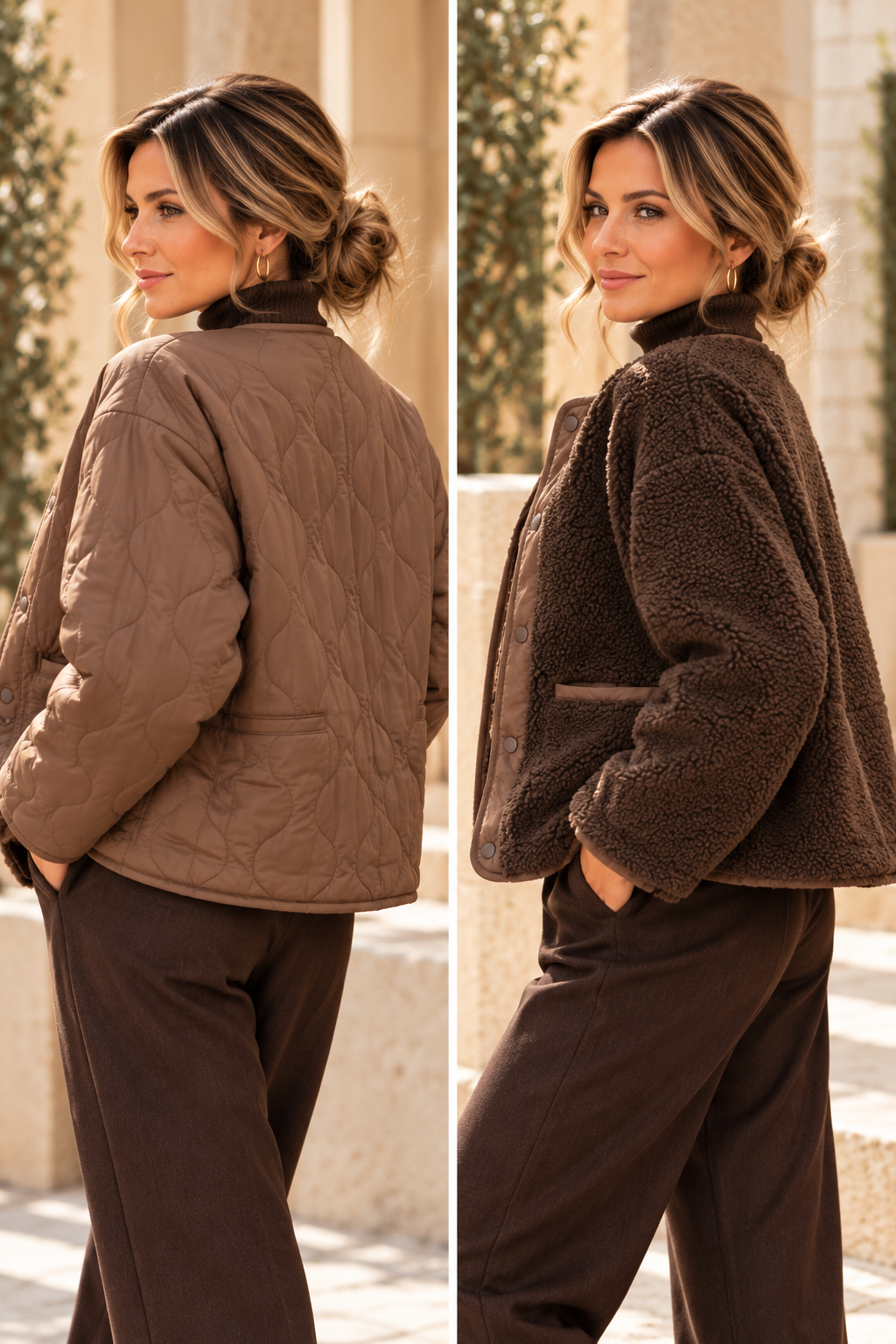 Kuschelige Wendejacke – Teddyfell & Steppoptik | Mocca-Braun
