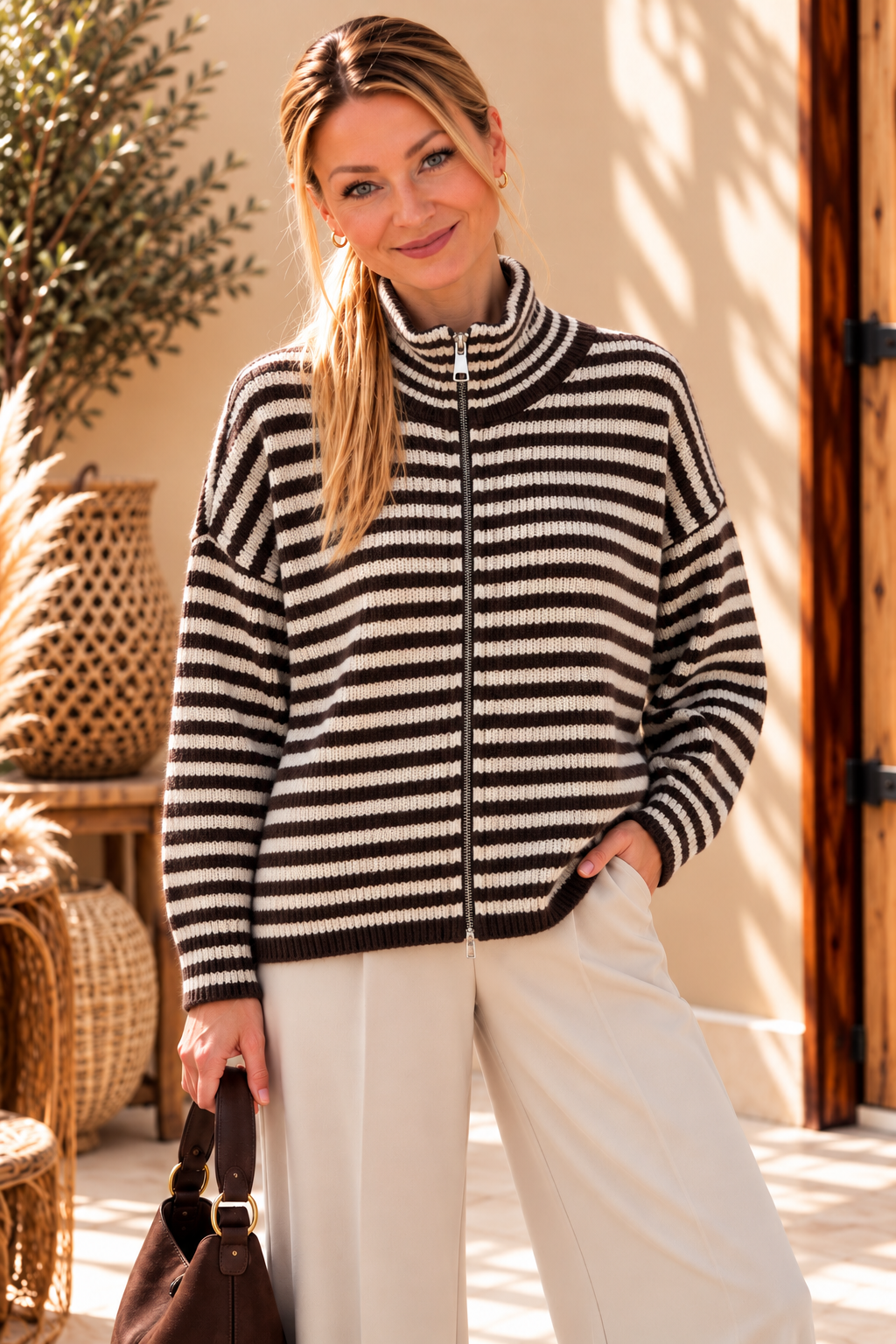 Gestreifte Strickjacke mit Reißverschluss – Kuschelig & zeitlos schön, in 2 Farben 🤎