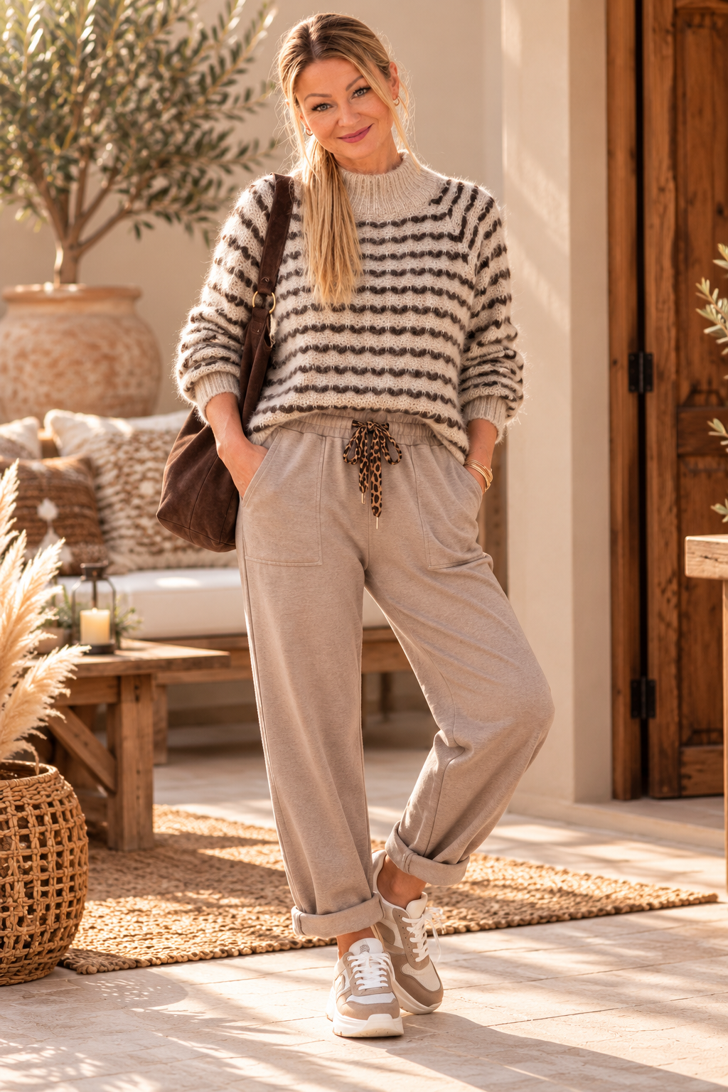 Kuscheliger Strickpullover mit Strukturstreifen – Creme & Braun 🤎
