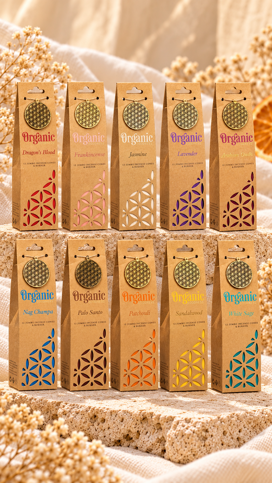 Organic Goodness – Natürliche Jumbo-Räucherkegel mit Keramikhalter | 12 Stück