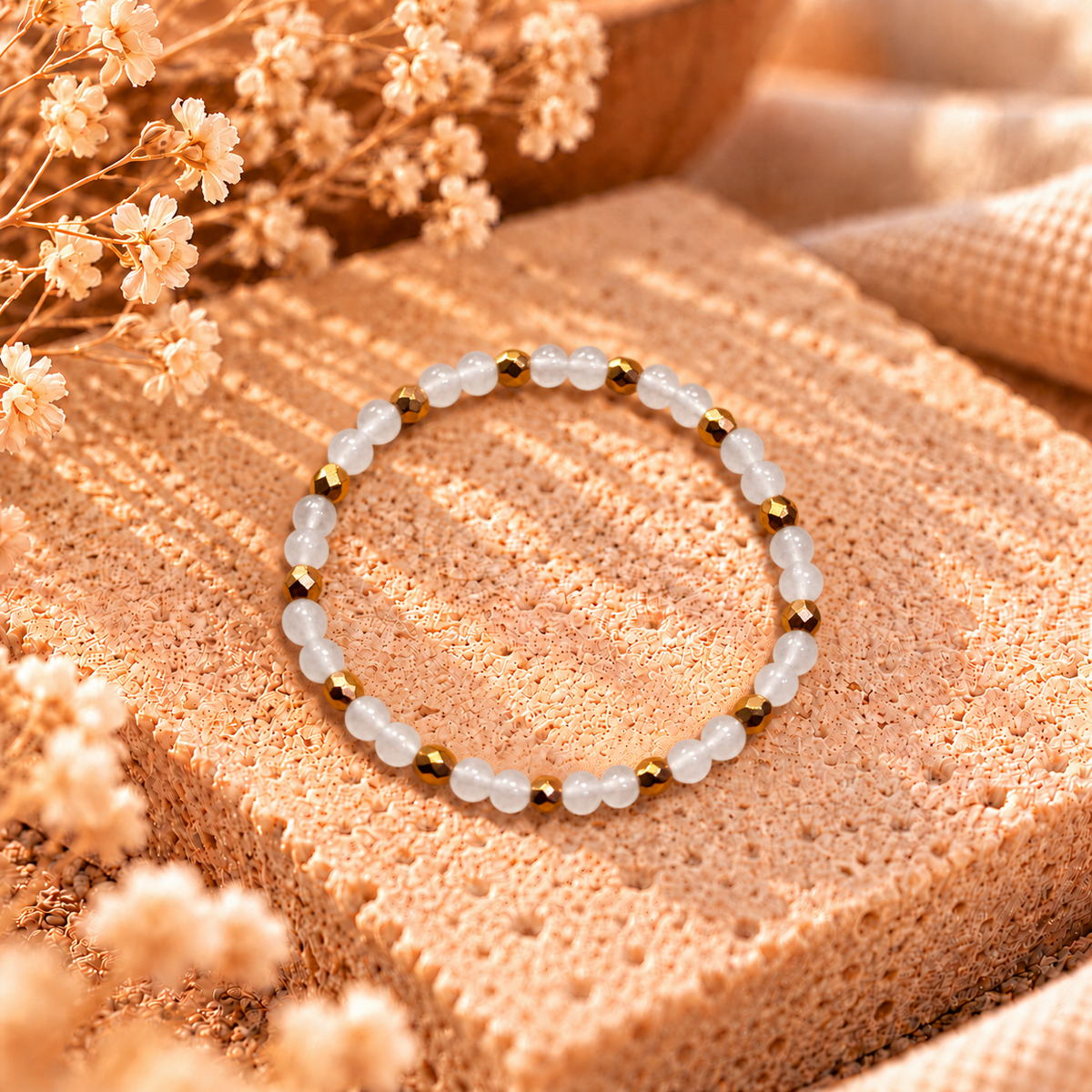 Armband Jade weiß & roségoldfarbenen Hämatit
