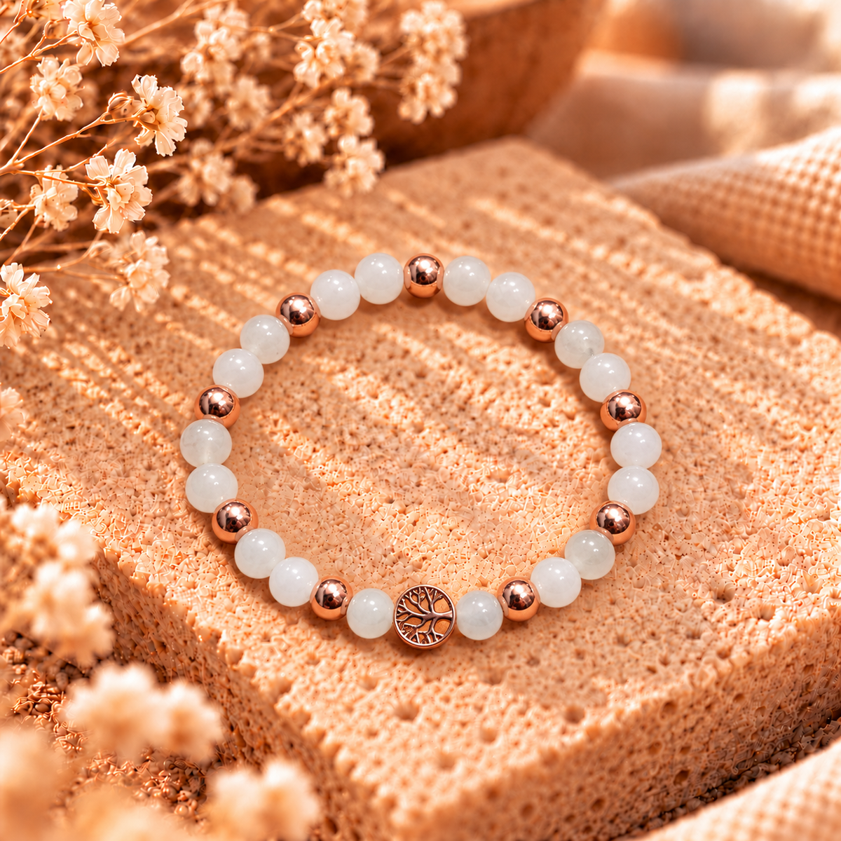 Armband Jade weiß & Roségold-Hämatit mit Baum des Lebens