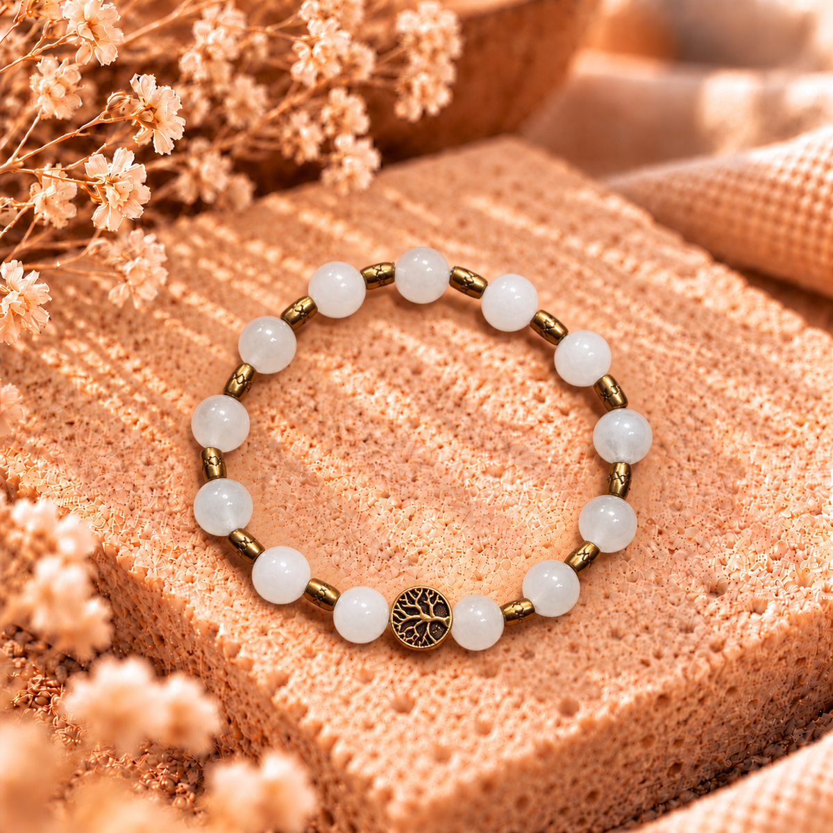 Armband Jade weiß & goldfarbener Hämatit mit Baum des Lebens