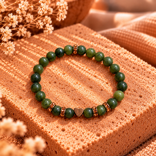 Armband Jade grün and mit roségoldfarbenem Herz & Strassrondellen