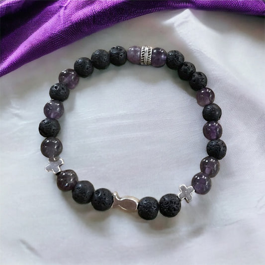 Edelstein Amethyst Lava Armband Fisch und Kreuz