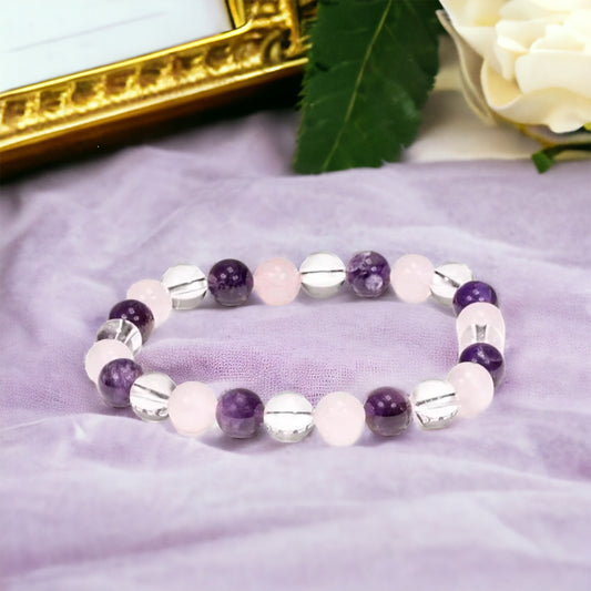 Edelstein Amethyst, Bergkristall, Rosenquarz/ goldenes Dreieck