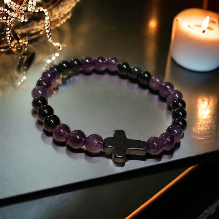 Edelstein Amethyst/ Obsidian mit Kreuz