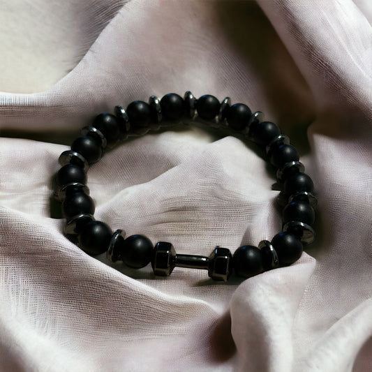 Edelstein Onyx Armband matt, mit Hämatit Rondellen und Hantel