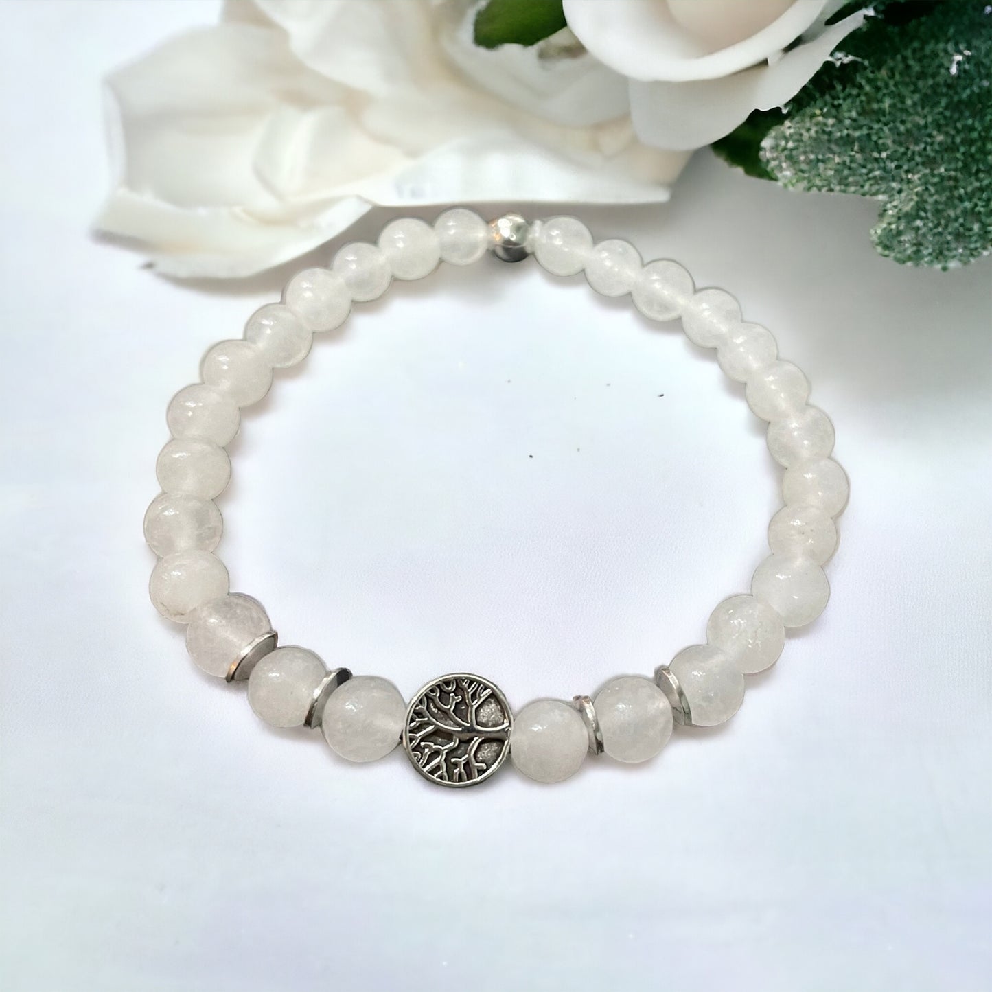 Edelstein Jade weiß Armband mit Baum des Lebens