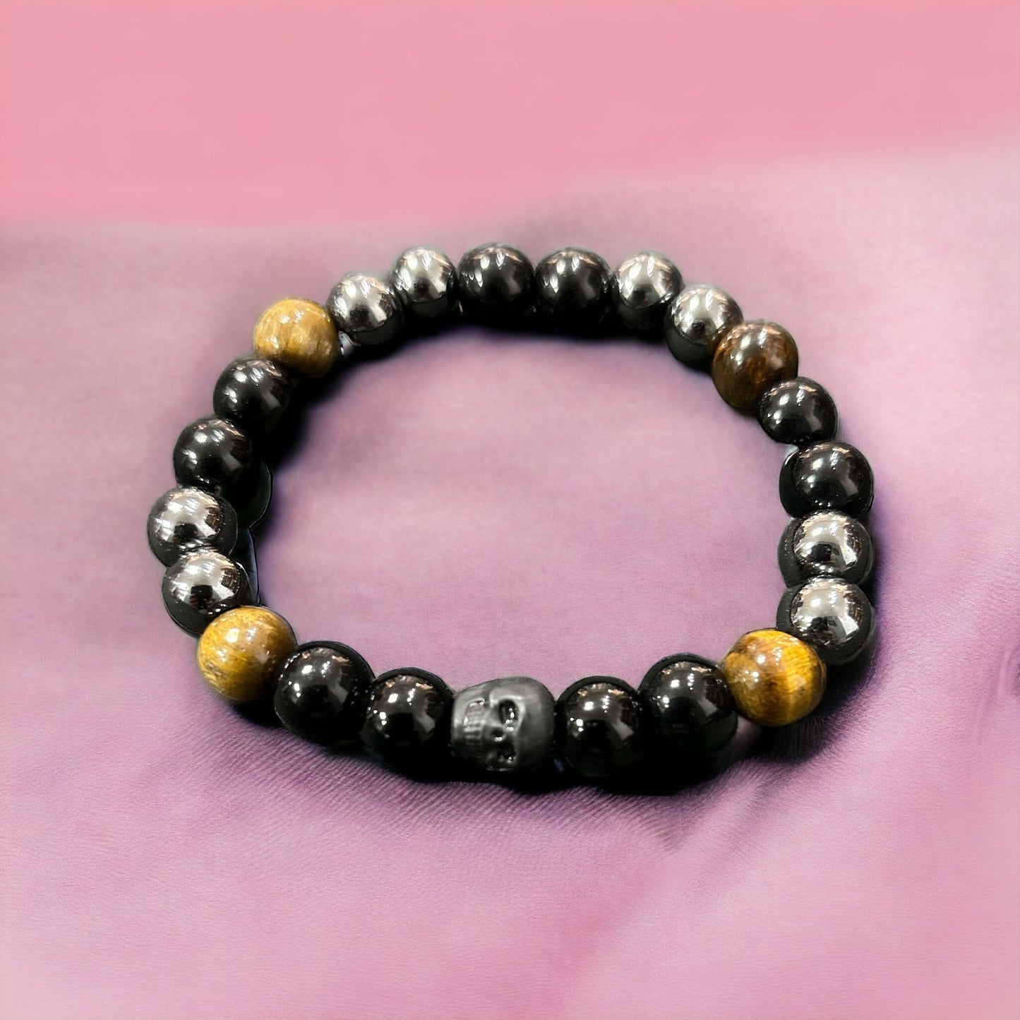 Edelstein Obsidian, Tigerauge, Hämatit Armband mit Skull