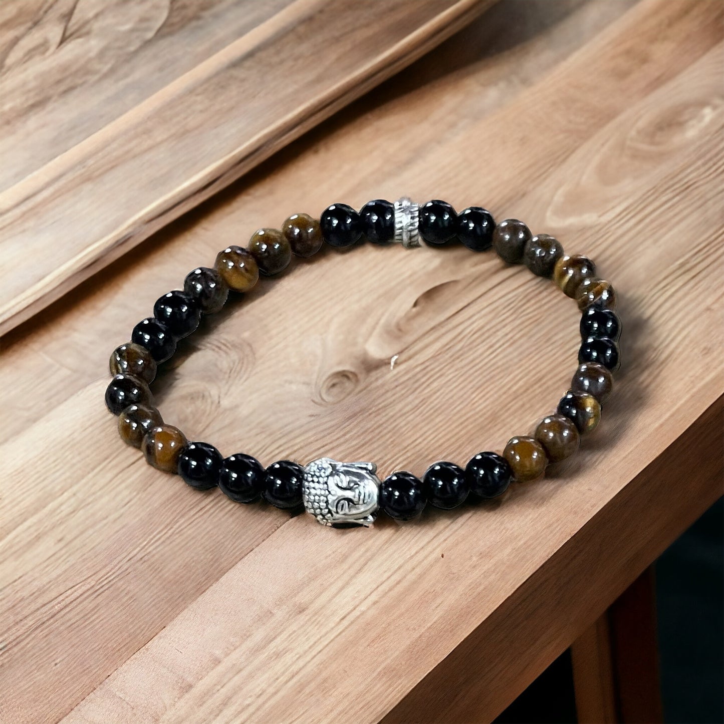 Edelstein Tigerauge und Onyx Armband mit Buddha