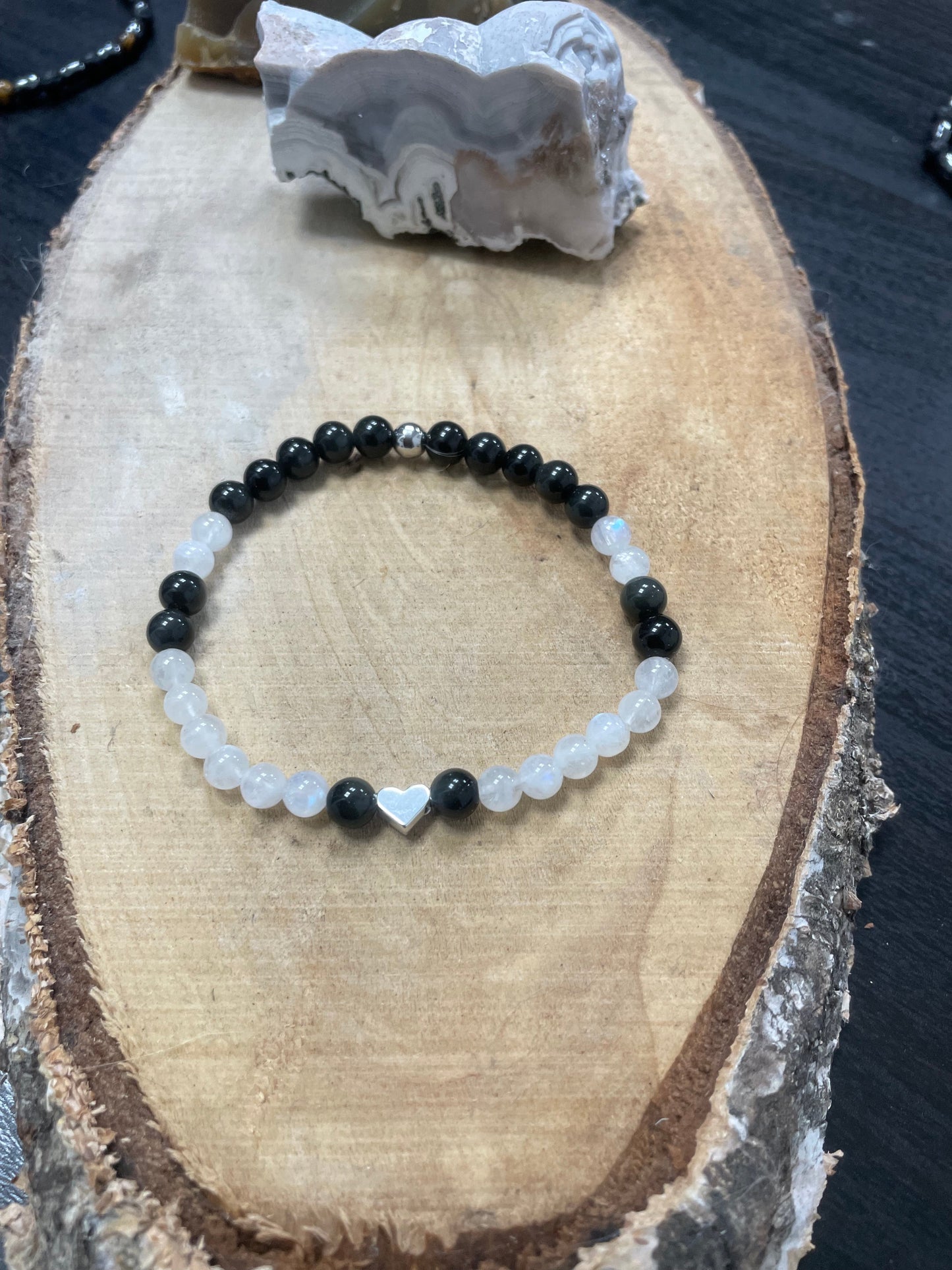 Edelstein Mondstein und Obsidian Armband