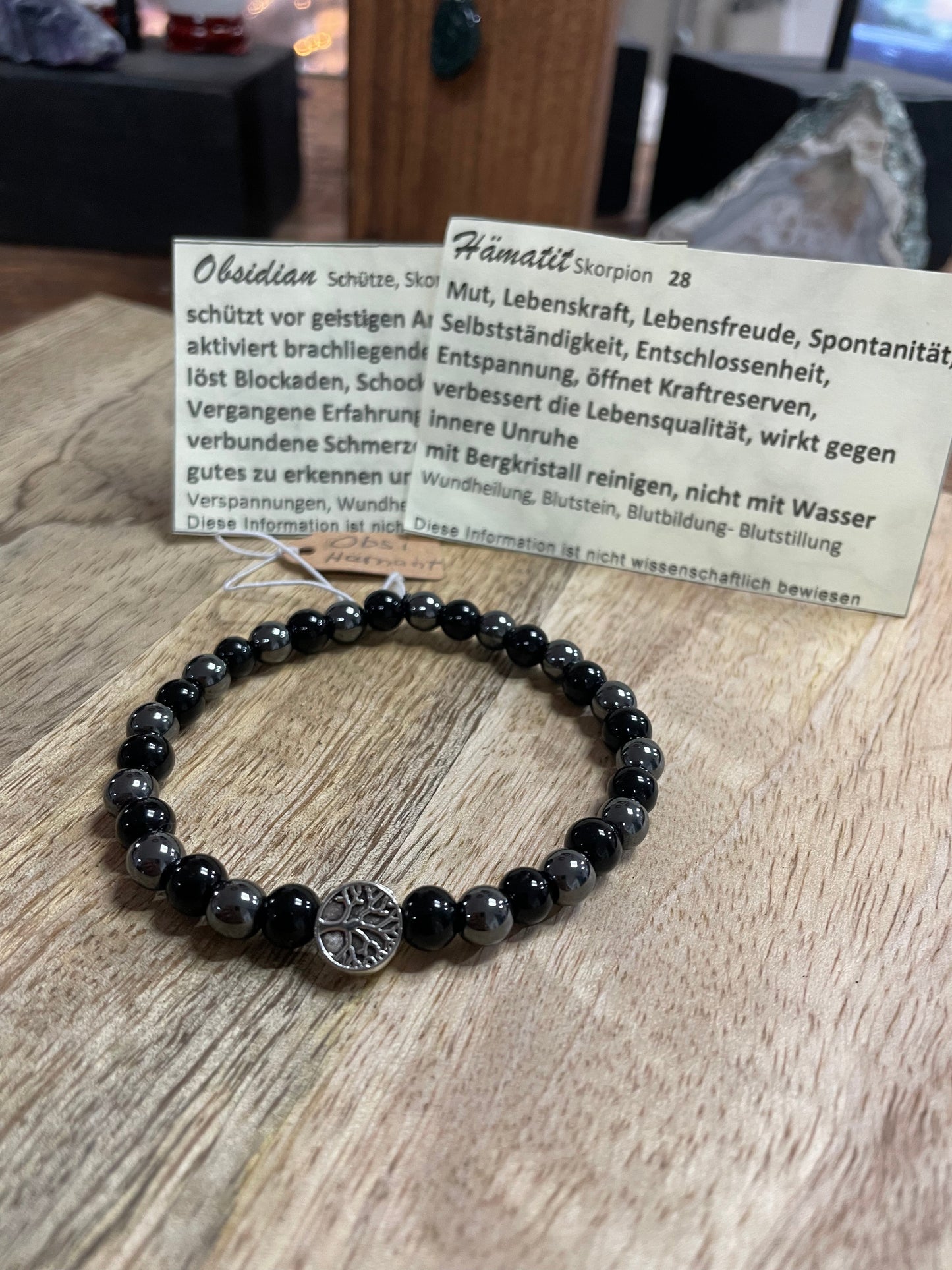 Edelstein Obsidian Armband mit Baum des Lebens, Silber- oder goldfarben