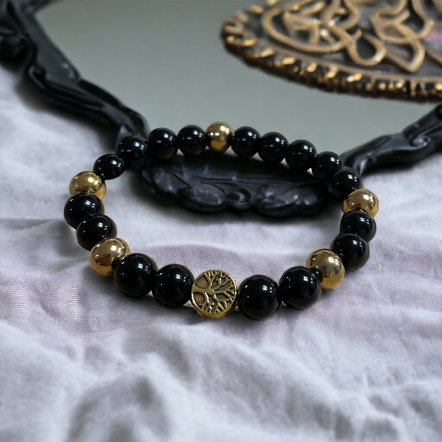 Edelstein Obsidian Armband mit Baum des Lebens, Silber- oder goldfarben