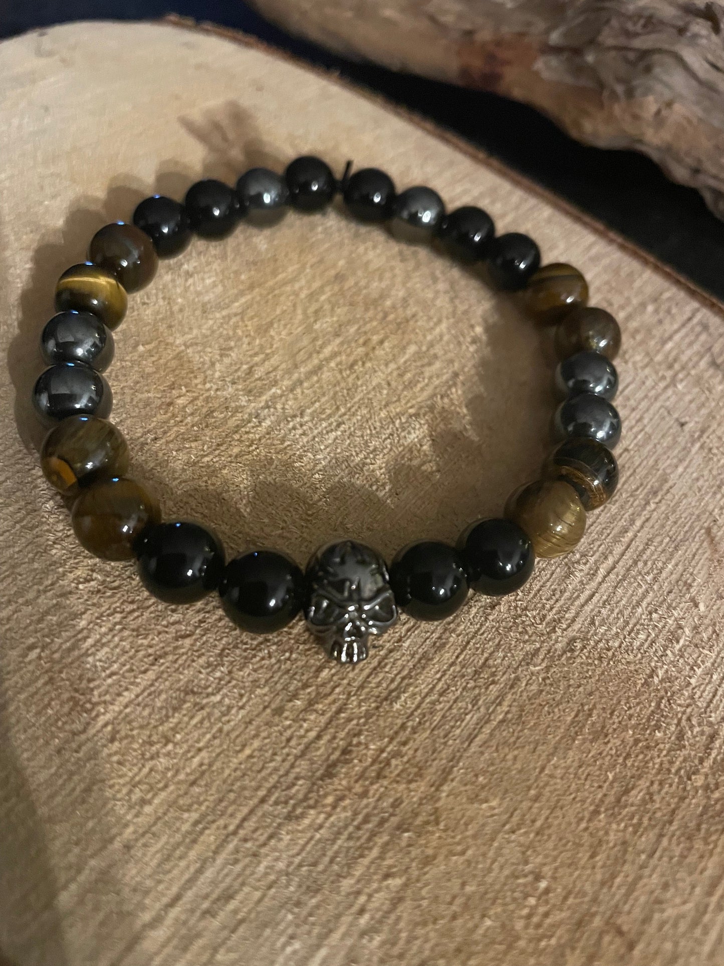 Edelstein Obsidian, Hämatit, Tigerauge Armband mit Skull