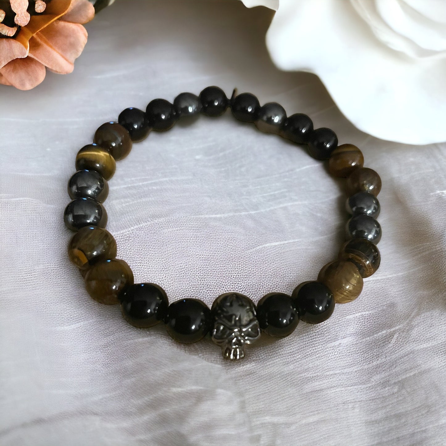 Edelstein Obsidian, Hämatit, Tigerauge Armband mit Skull