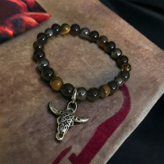 Edelstein Obsidian, Hämatit, Tigerauge Armband mit Büffelkopf