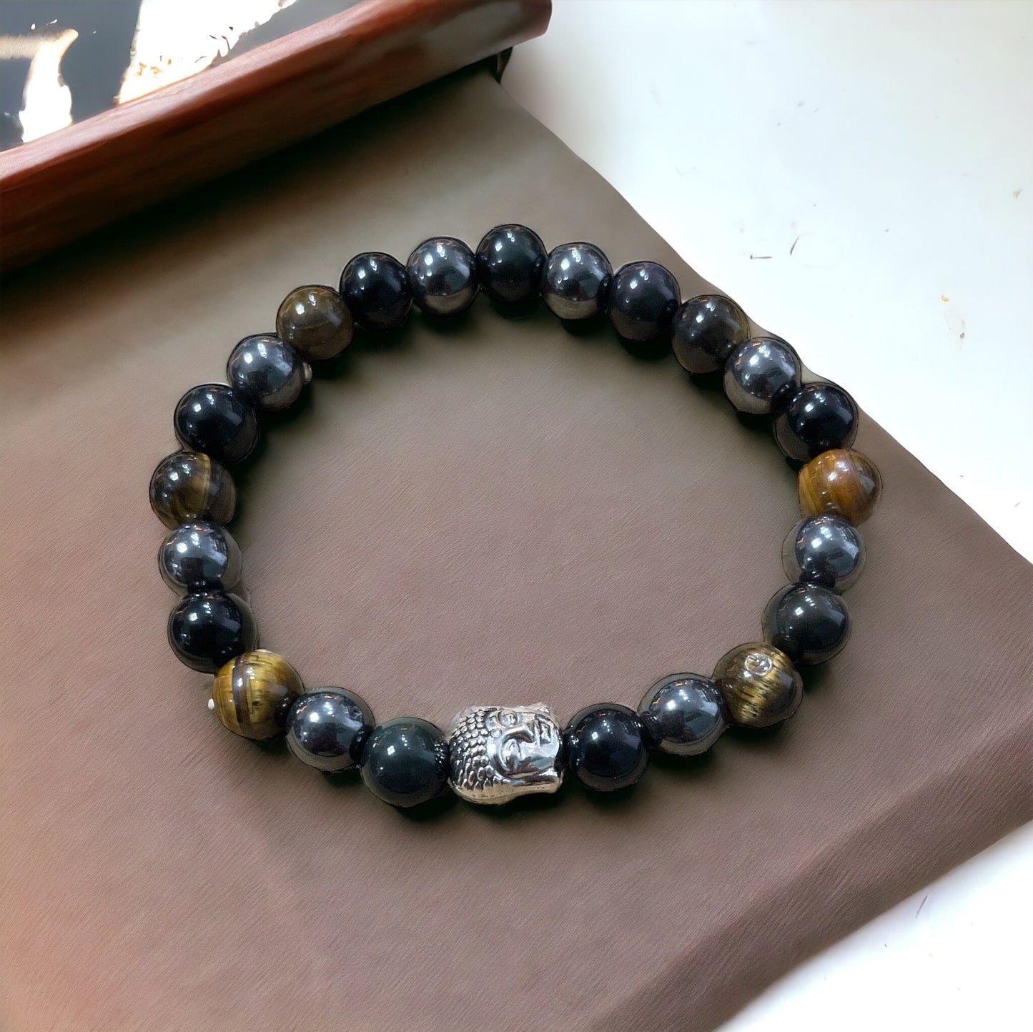 Edelstein Obsidian, Tigerauge, Hämatit & Buddha Armband for Men