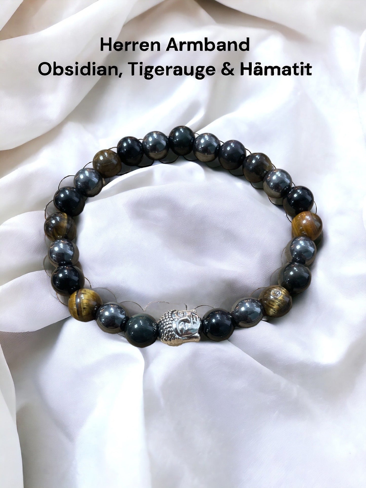 Edelstein Obsidian, Tigerauge, Hämatit & Buddha Armband for Men