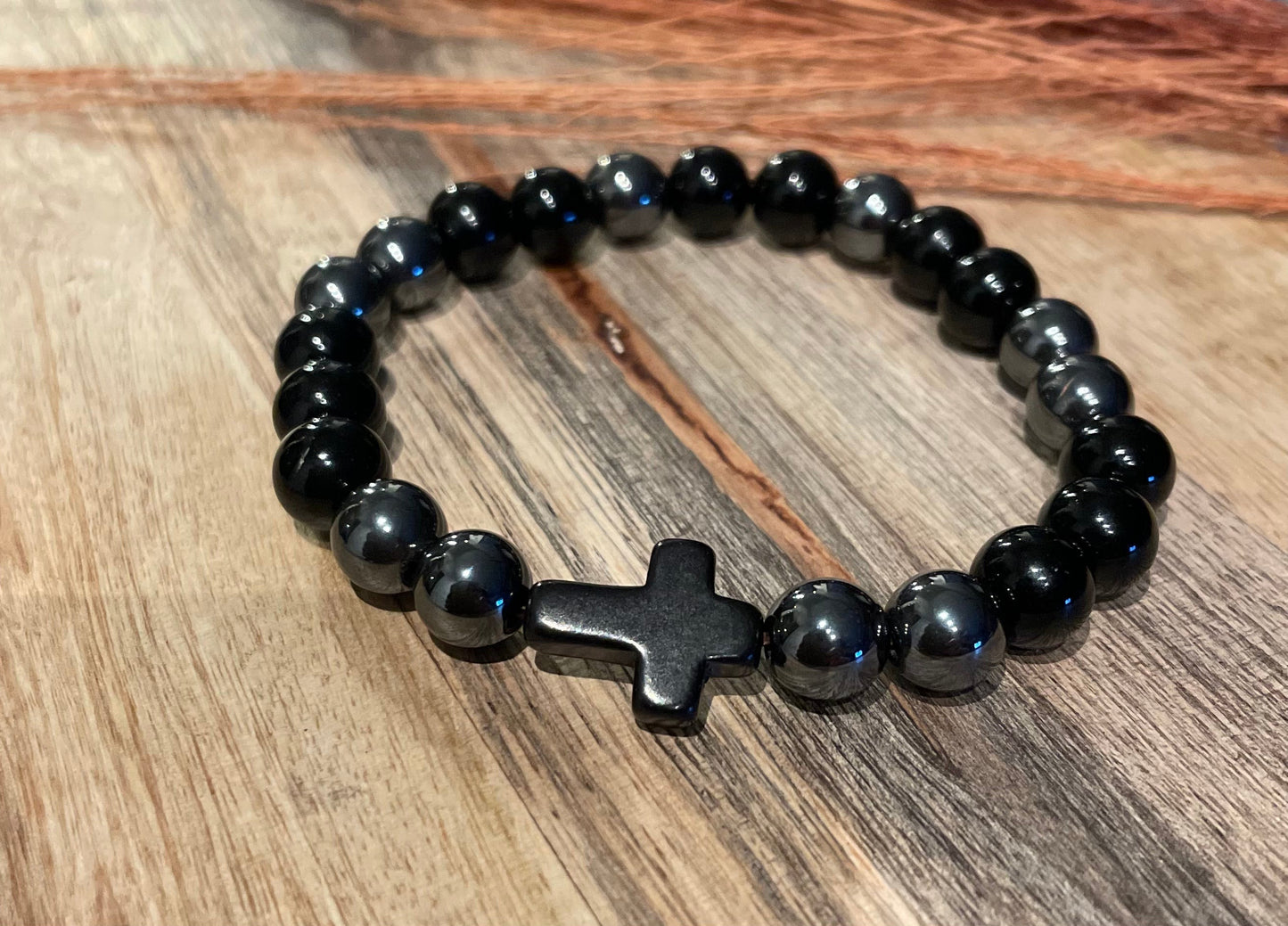 Edelstein Onyx / Hämatit Armband mit Kreuz