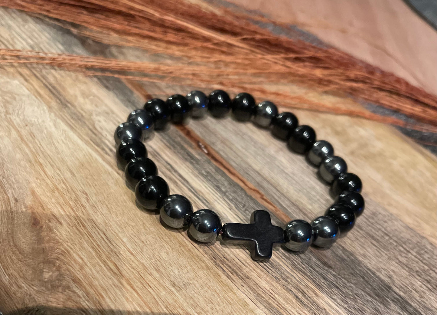 Edelstein Onyx / Hämatit Armband mit Kreuz