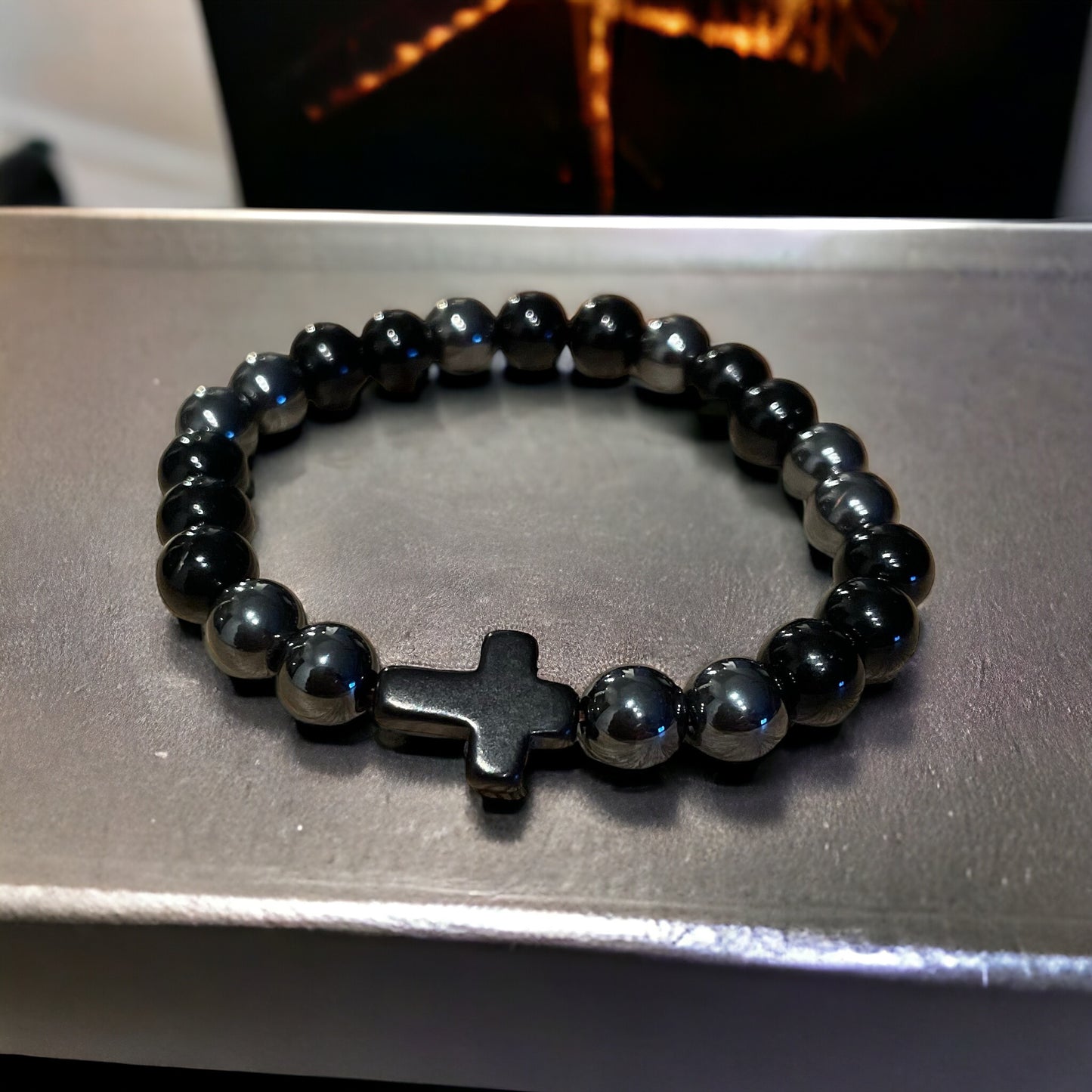 Edelstein Onyx / Hämatit Armband mit Kreuz