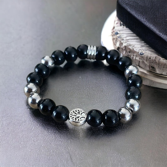 Edelstein Onyx Armband mit Edelstahl Perlen und Baum des Lebens