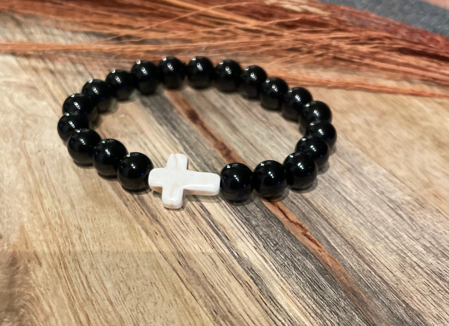 Edelstein Onyx Armband mit Kreuz 8 mm Perlen