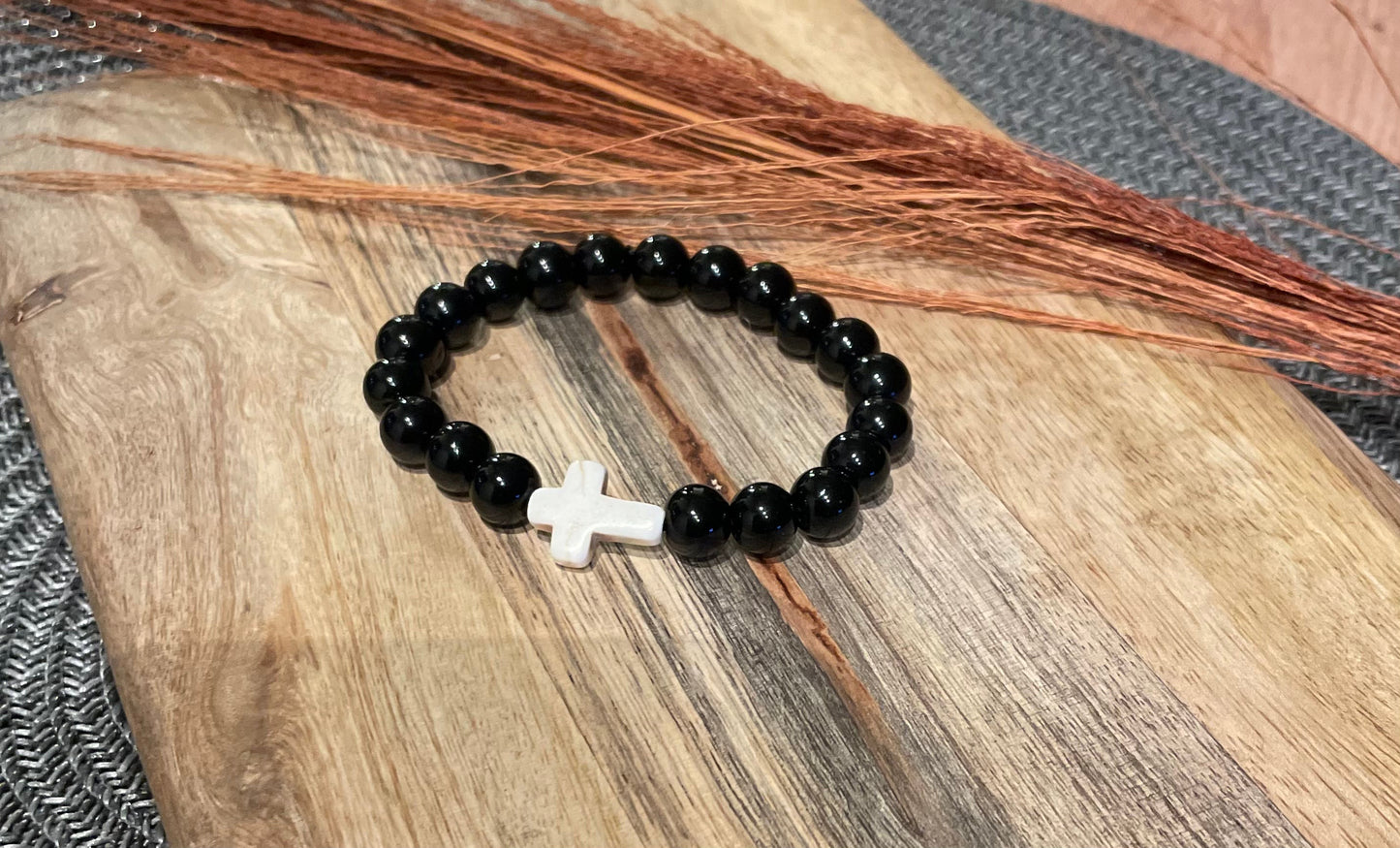 Edelstein Onyx Armband mit Kreuz 8 mm Perlen