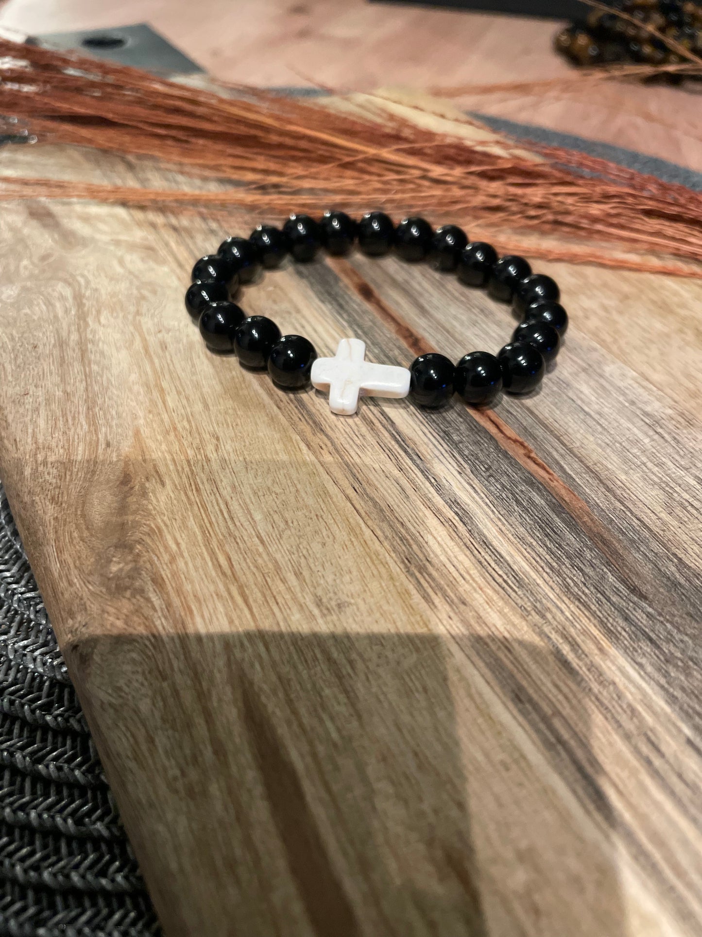 Edelstein Onyx Armband mit Kreuz 8 mm Perlen