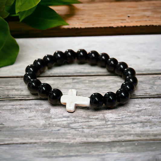 Edelstein Onyx Armband mit Kreuz 8 mm Perlen