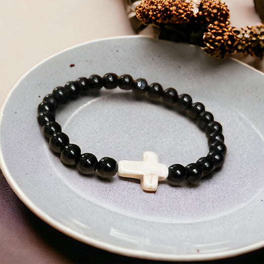 Edelstein Onyx Armband mit Kreuz 6 mm Perlen