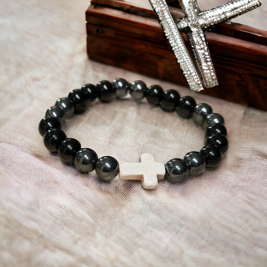 Edelstein Onyx/ Hämatit Armband mit Kreuz