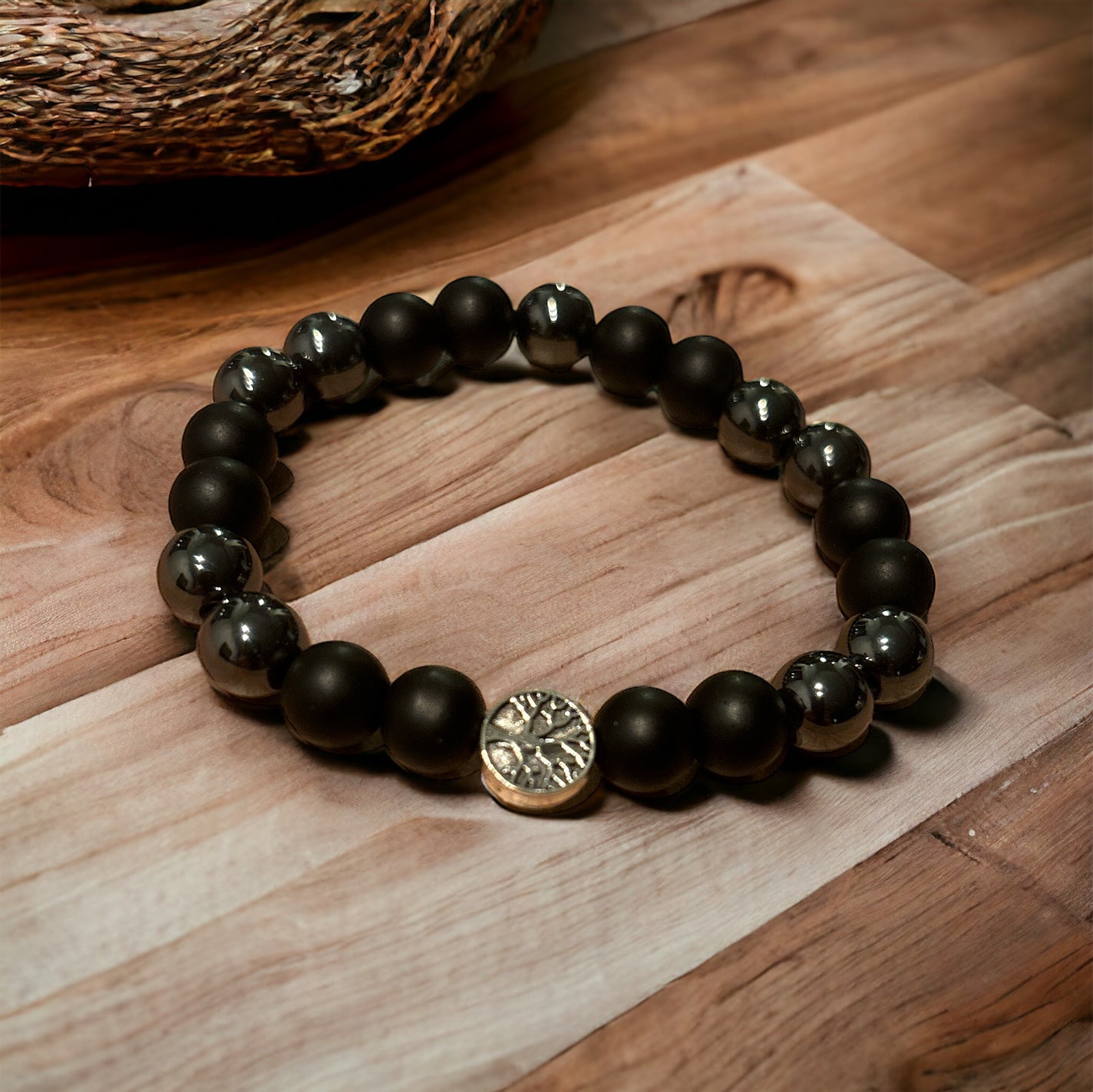 Edelstein Onyx und Hänatit Armband mit Baum des Lebens