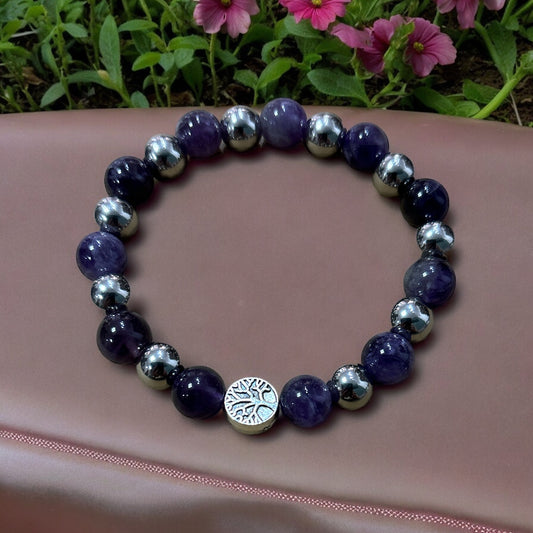 Edelstein Amethyst Armband mit Edelstahl Perlen und Baum des Lebens