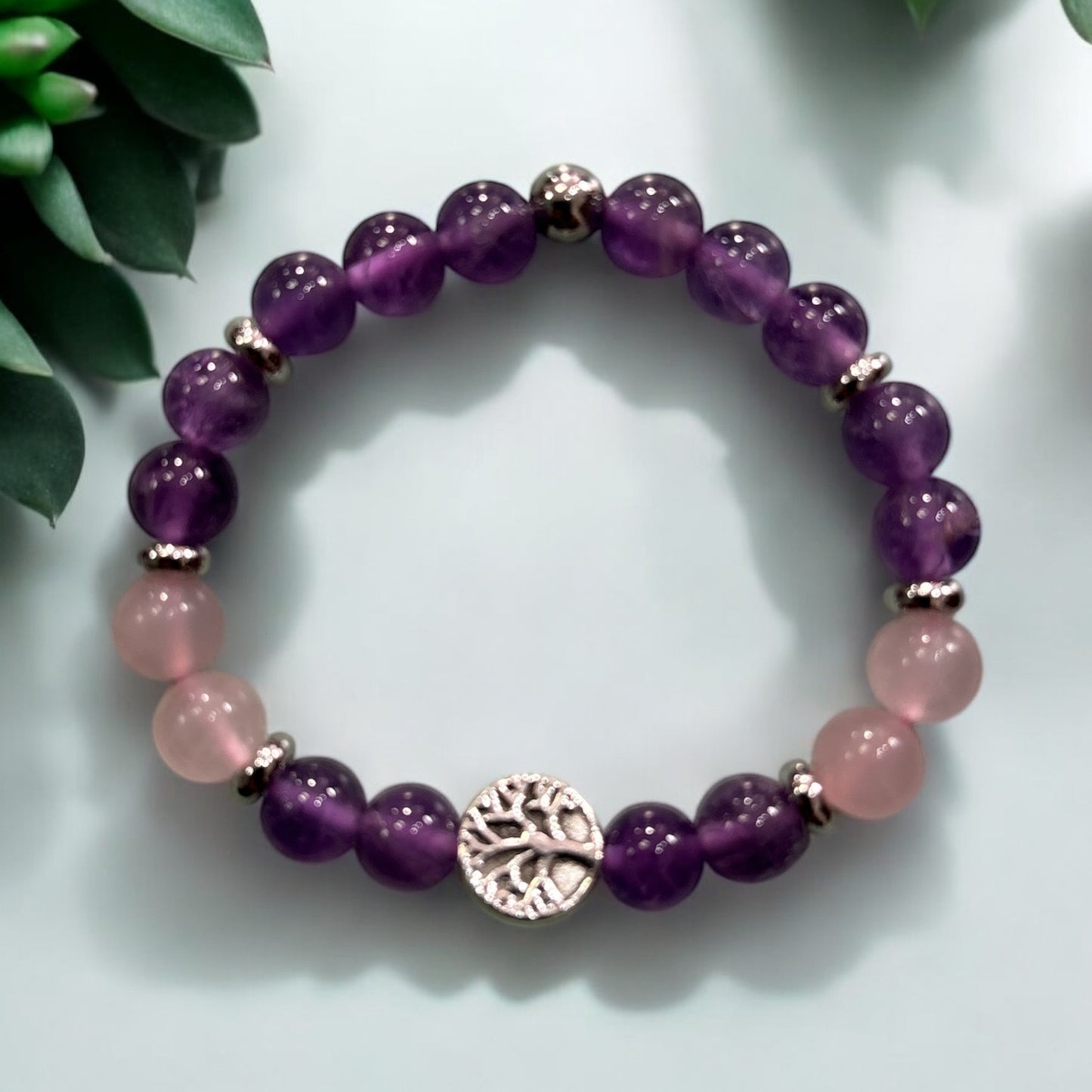 Edelstein Amethyst / Rosenquarz Armband mit Bam des Lebens, Kids