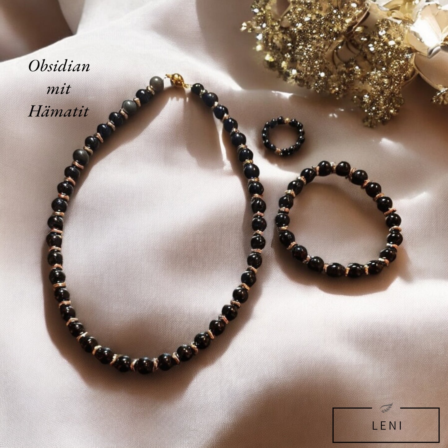 Edelstein Obsidian Schmuck Set mit goldfarbenen Hämatit Rondellen