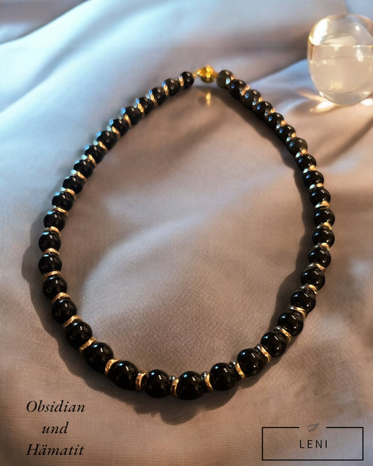 Edelstein Obsidian Kette mit goldfarbenen Hämatit Rondellen